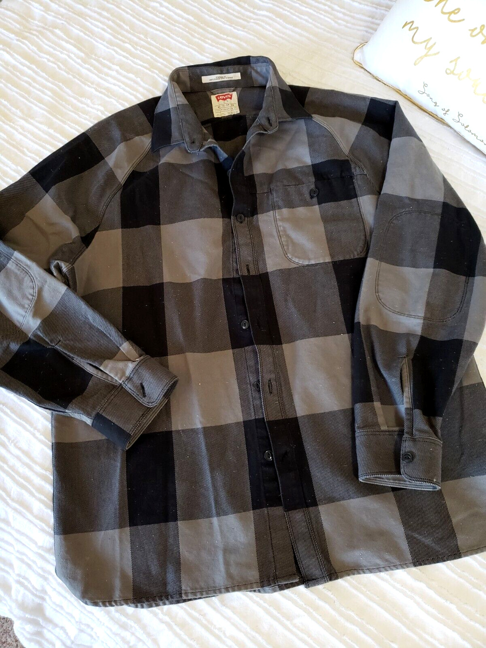 Vintage LEVIS Shirt Jacket XL Cotton Gray Check Plaid Grunge Biker Patch Elbow